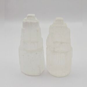 Pair of Mini Selenite Tower Crystal Carvings – Raw Polished Charging Stones 2.5"